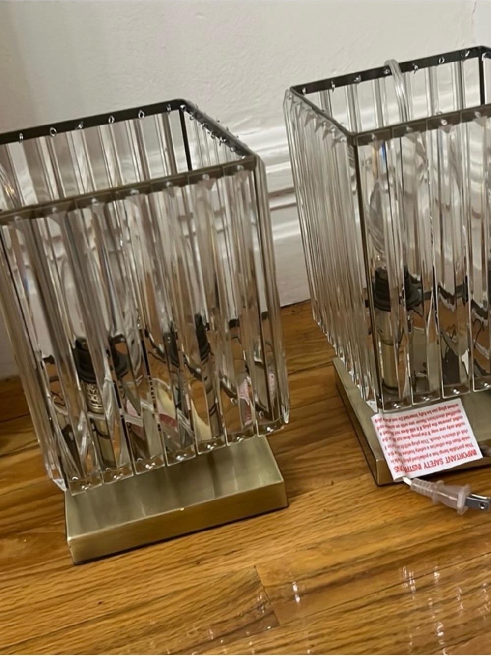 Tahari Clear Ribbed Glass Table Lamps with Gold Bases